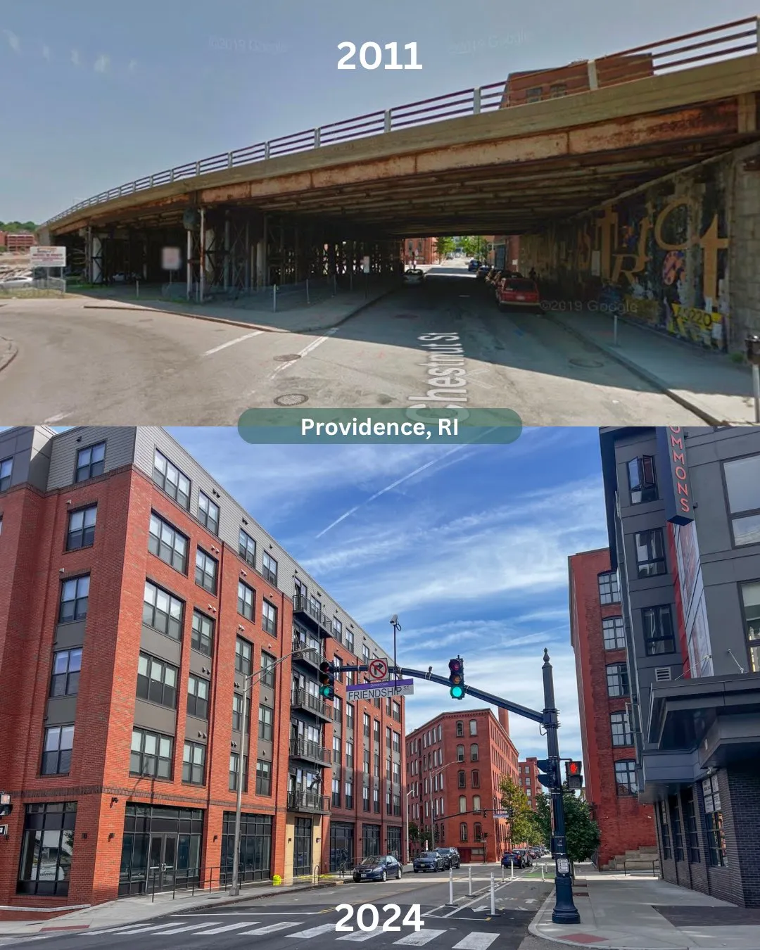 Aerial view of Providence, Rhode Island showing redeveloped land where Interstate 195 was removed