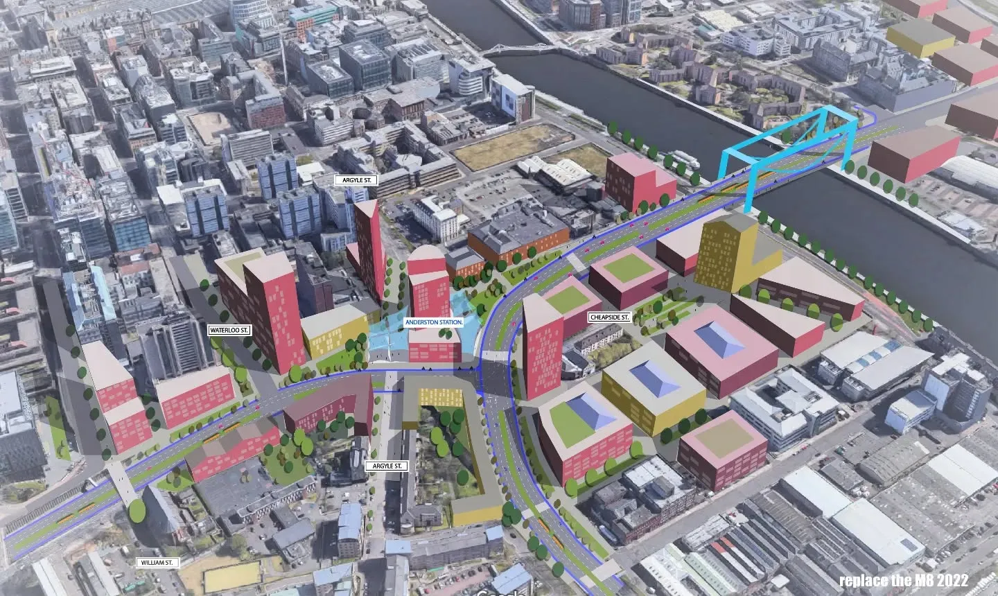 Artist's impression of a restored Kingston area with tree-lined streets, mixed-use buildings, and public space replacing the M8 corridor